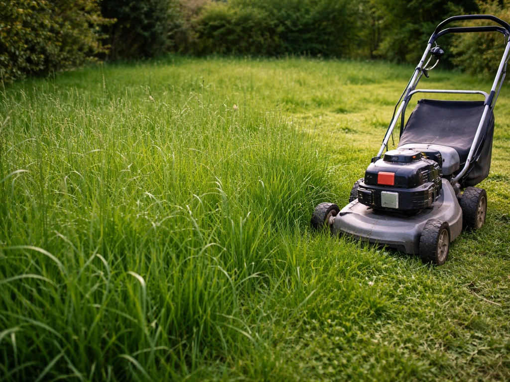 Pelouse d’herbe très haute avec une tondeuse/débroussailleuse prête à couper, jardin simple, vue au niveau des yeux.