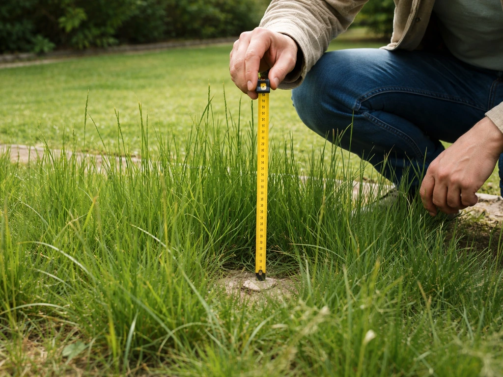 Une personne mesure la hauteur d’une herbe haute dans un jardin avant de tondre, vue rapprochée.