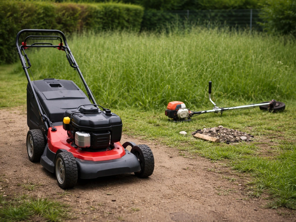 Tondeuse réglée et débroussailleuse prêtes, dans un jardin avec herbe haute et quelques débris retirés.