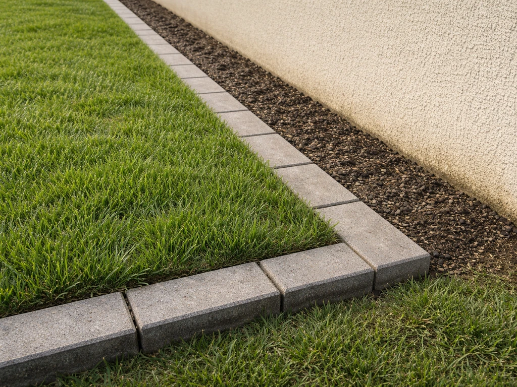 Bordure de pelouse et coins nets avec herbe humide au contact d’un mur, photo de finitions paysagères.