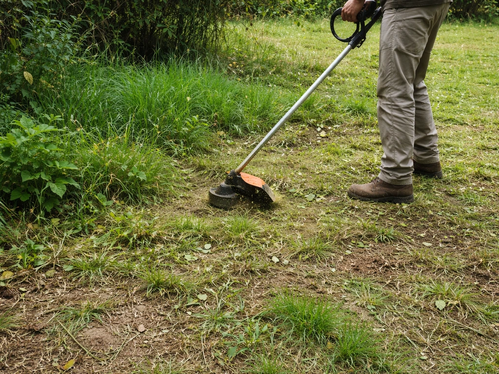 Pelouse irrégulière en cours de remise en état, débroussailleuse en action près de la lisière