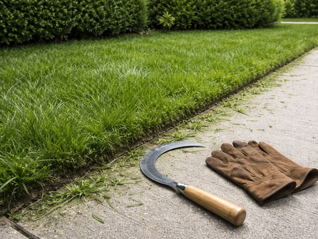 Bordure d’herbe coupée manuellement dans un jardin, avec outils de coupe-herbe posés au sol.
