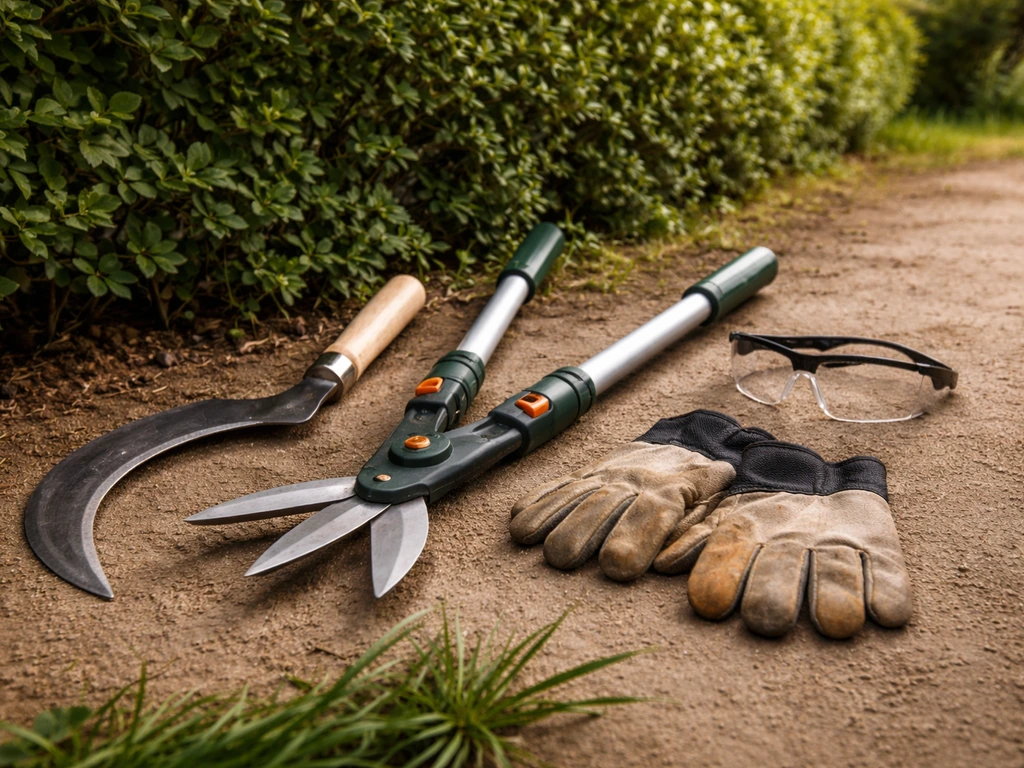 Faucille, coupe-herbe manuel et gants de sécurité posés sur le sol dans un jardin, avant la tonte.