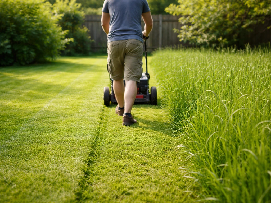 Deux hauteurs de coupe côte à côte : herbe très courte à gauche, plus haute à droite après tonte.