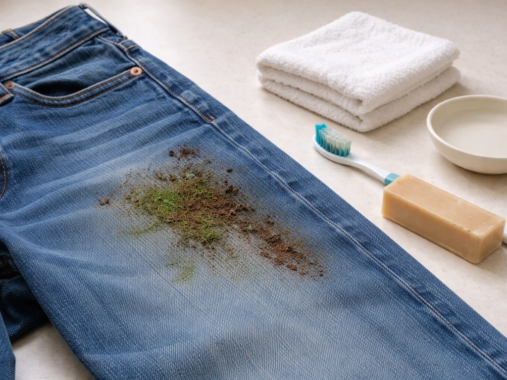 Jean taché d’herbe et terre, posé à plat, avec linge, brosse à dents et savon détachant à côté.