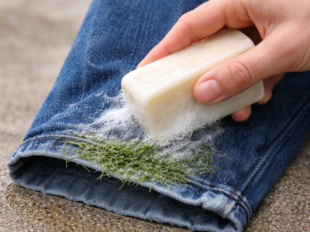 Pain de savon de Marseille humide frottant une tache d’herbe sur un jean, mousse légère sur le tissu.
