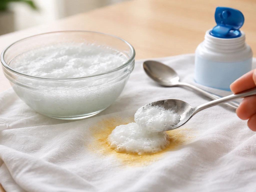 Bol de percarbonate délayé et cuillère, application sur un tissu blanc taché, lumière naturelle.