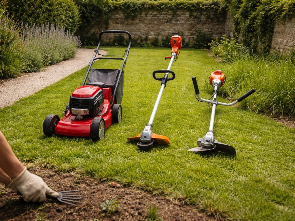 Trois outils de jardin posés près d’une pelouse : tondeuse, coupe-bordures et débroussailleuse, zones différentes