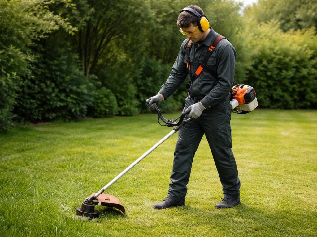 Personne portant EPI et utilisant un coupe-herbe sur une pelouse, lunettes et protections auditives visibles.