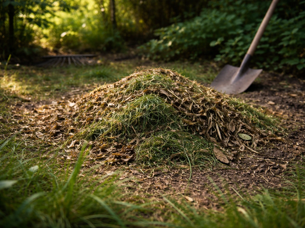 Dépôt de tontes fraîches au sol, mélangées à des matières sèches pour compostage, dans un jardin.
