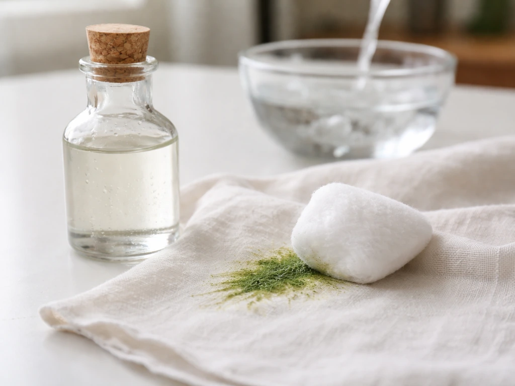 Flacon de vinaigre blanc et coton tamponnant une tache d’herbe sur un tissu, rinçage à l’eau froide en arrière-plan