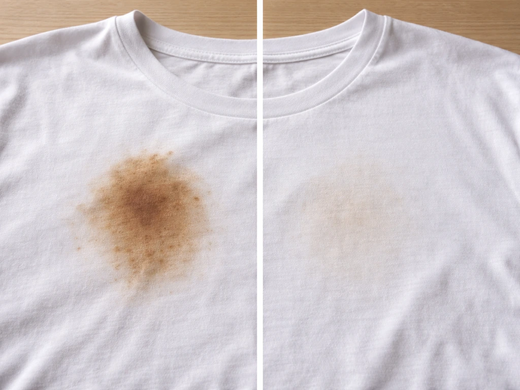T-shirt taché comparé avant/après : tache fixée par eau chaude vs tache mieux traitée à basse température.