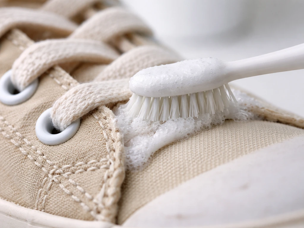 Gros plan de coutures texturées sur un tissu, brosse à dents souple appliquant une pâte blanche