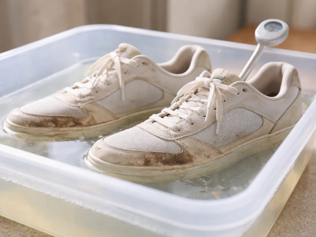 Baskets immergées dans un bain clair au percarbonate, eau tiède ~40°C, tache visible sur le côté
