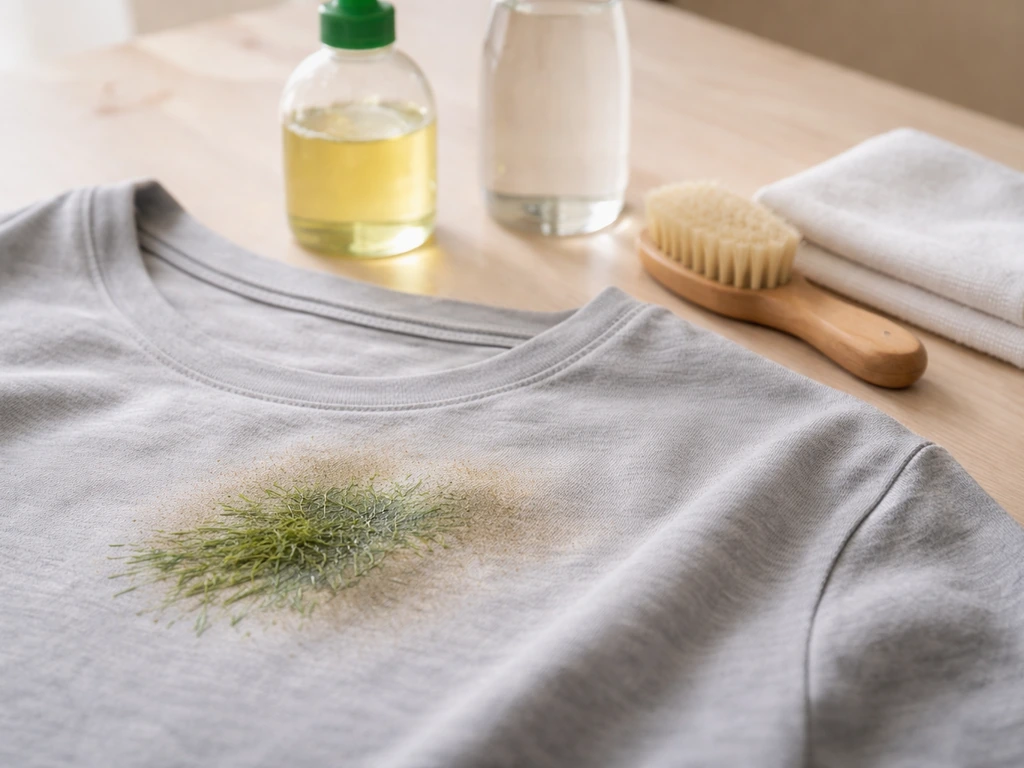 Gros plan d’un vêtement taché d’herbe, zone en cours de nettoyage, avec liquide vaisselle, vinaigre blanc, brosse et chi
