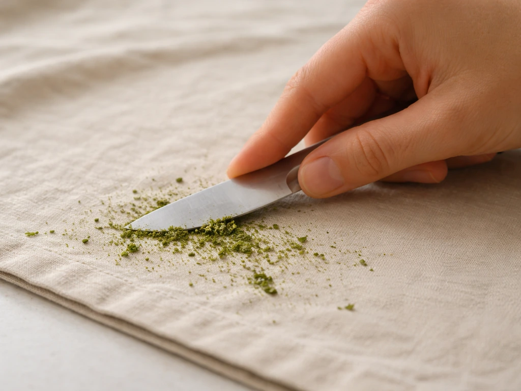 Gros plan d’un grattage délicat de résidus d’herbe sur un tissu avec le dos d’un couteau.