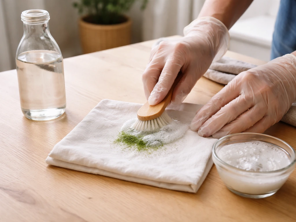 Sur une table, une personne gantée applique un mélange bicarbonate-vinaigre sur une tache d’herbe avec une brosse douce.