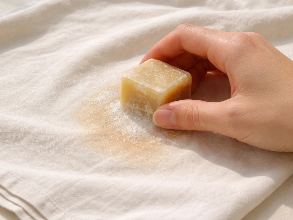 Savon de Marseille frotté sur une tache avec un tissu en coton, avant rinçage