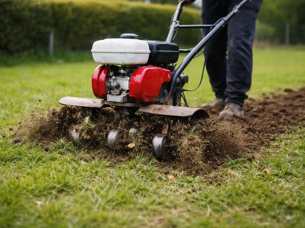Motoculteur labourant une zone d’herbe : fraises rotatives visibles retournant légèrement le sol.