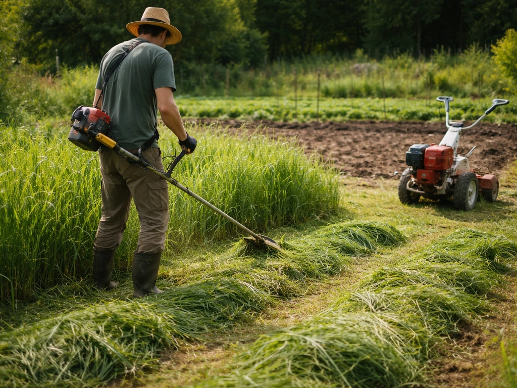 Herbe haute fauchée dans un potager avant le passage d’un motoculteur, zone de terre prête à être travaillée.