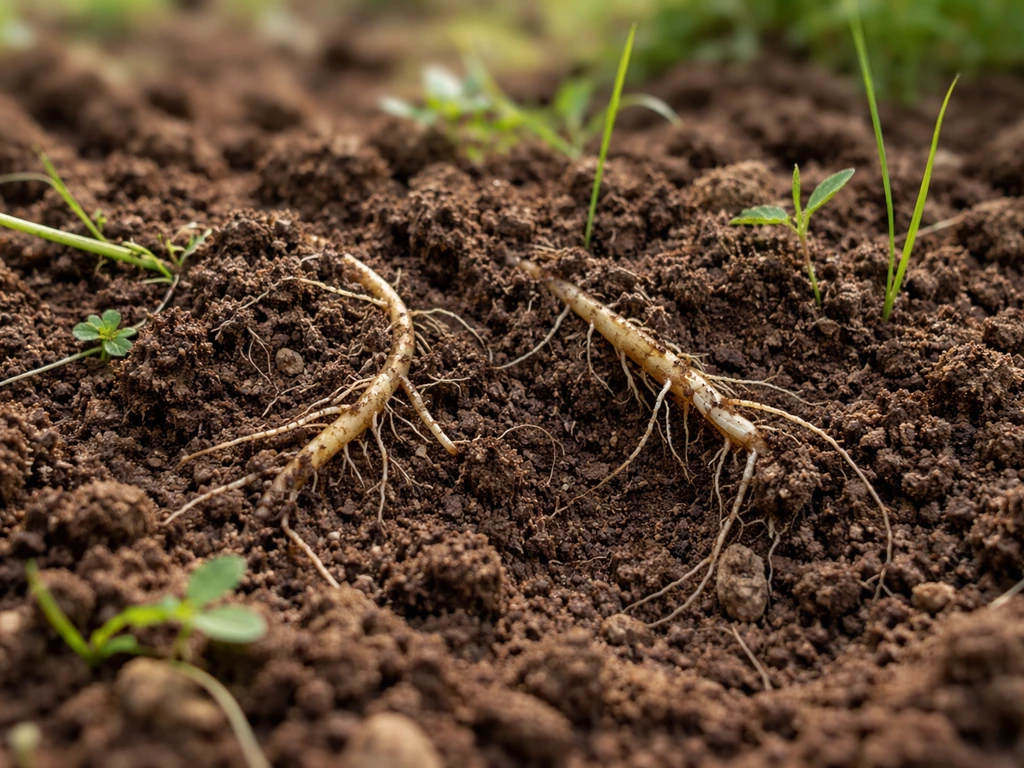 Sol de jardin avec brins et racines partiellement recouverts, montrant l’effet d’un enfouissement réussi.