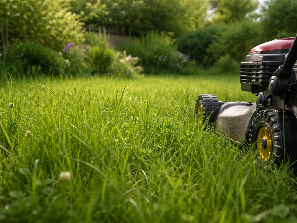 Pelouse d’agrément avec herbe haute avant tonte, jardin calme en arrière-plan.