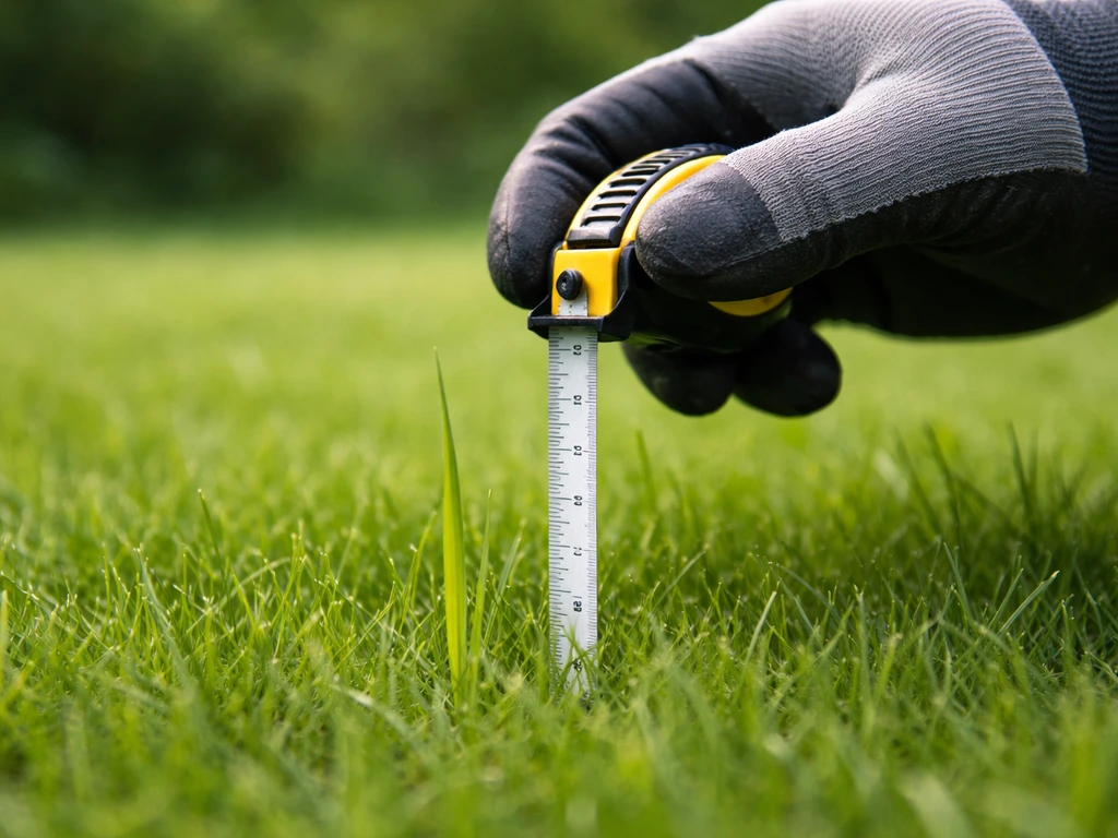 Main gantée mesurant la hauteur d’un brin d’herbe sur une pelouse verte avec un mètre ruban.