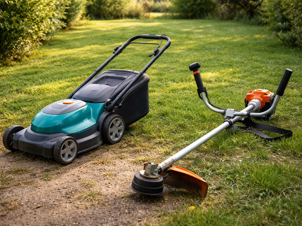 Jardin minimal avec deux outils côte à côte pour choisir entre tonte progressive et débroussaillage