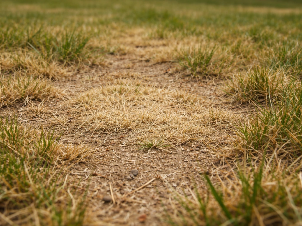 Gros plan de brins d’herbe roussis et pelouse abîmée, en lumière naturelle, après un scalping
