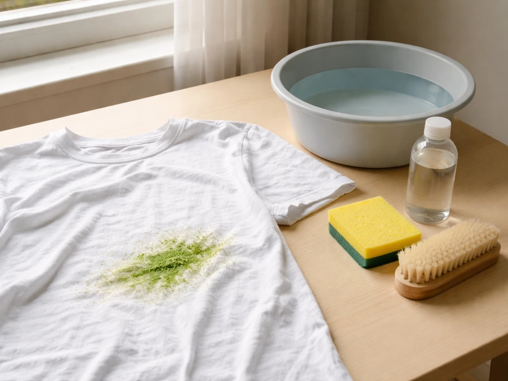 T-shirt blanc avec tache d’herbe, eau froide, éponge et brosse posés à côté pour prétraiter.