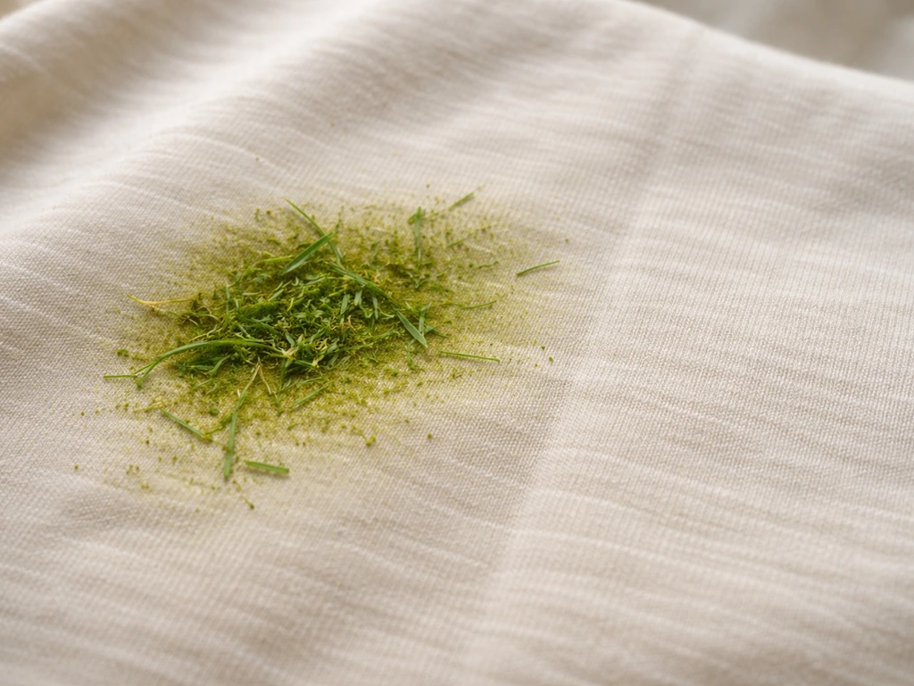 Gros plan d’une tache d’herbe verte sur du coton clair, avec une zone propre pour repérer à traiter.