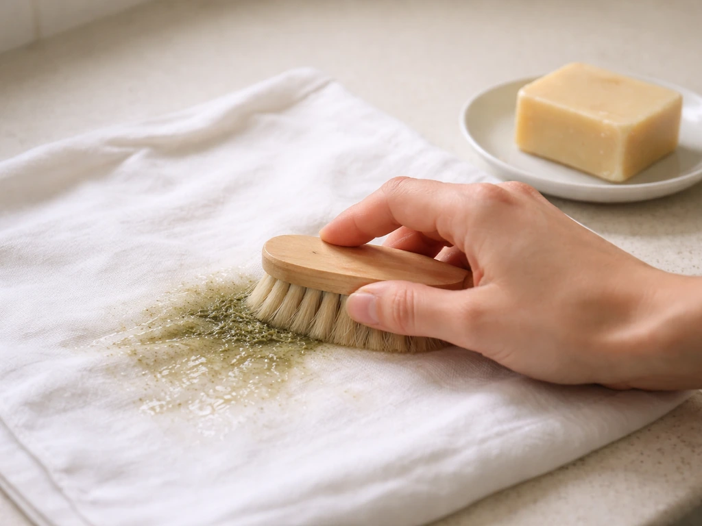 Main avec brosse douce sur du linge blanc, tache d’herbe humidifiée et savon de Marseille à côté.