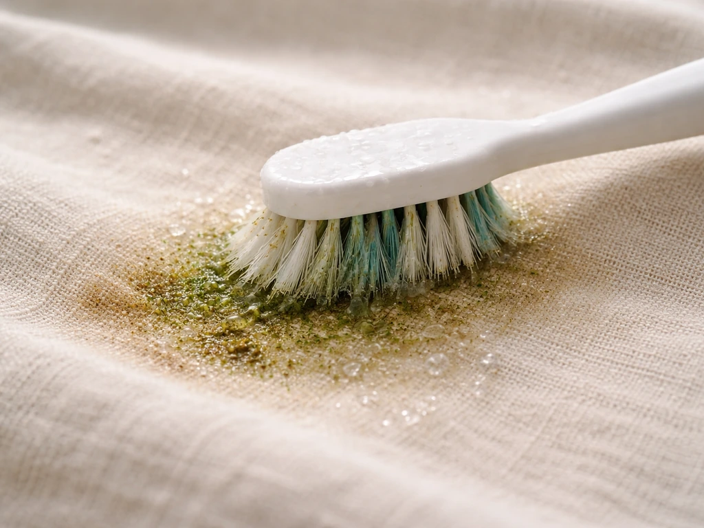 Brosse à dents usagée brossant une tache d’herbe incrustée avec un détachant, fibres visibles après brossage.