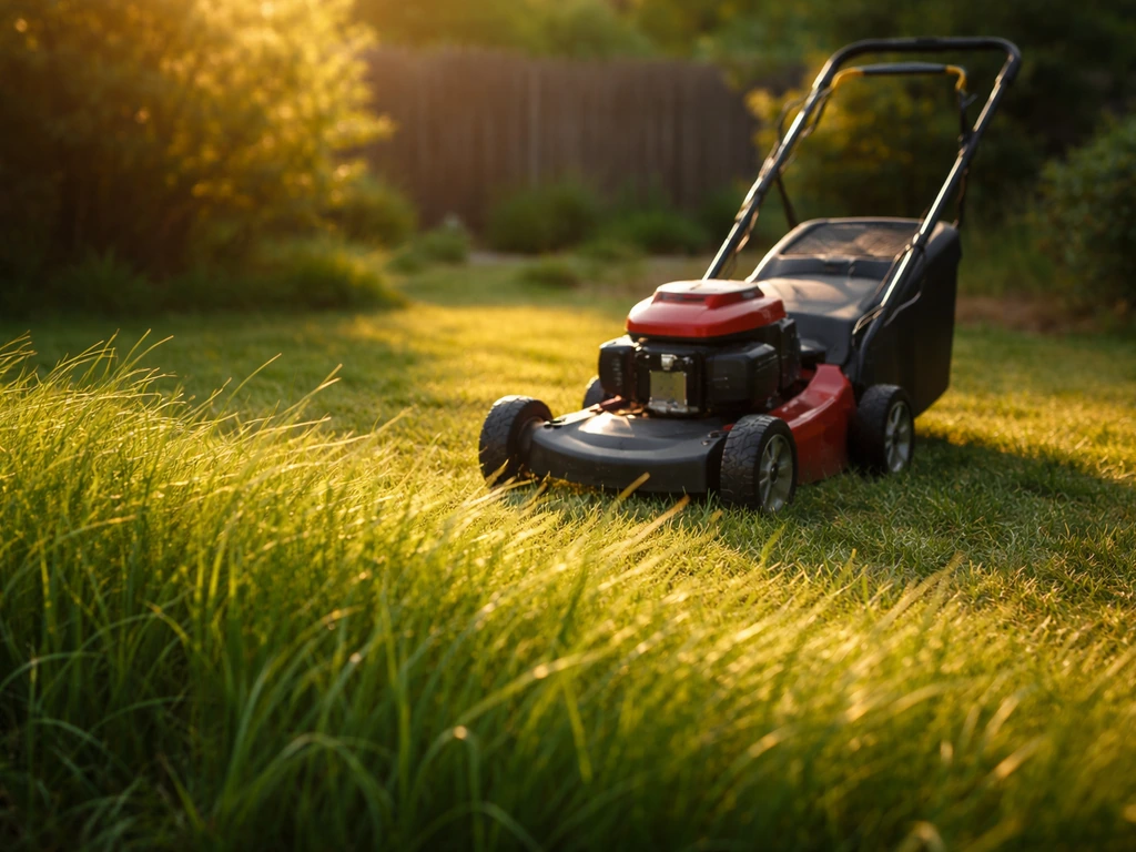 Jardin français à l’herbe haute, tondeuse prête à l’emploi, fin d’après-midi, rendu net et réaliste.