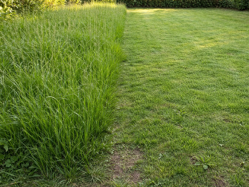 Jardin avec herbe haute à gauche et pelouse encore homogène à droite, hauteur différente et herbe non coupée visible.