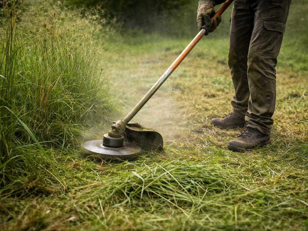 Désherbage au débroussailleur sur une bande d’herbe haute, herbe coupée au sol, ambiance jardin
