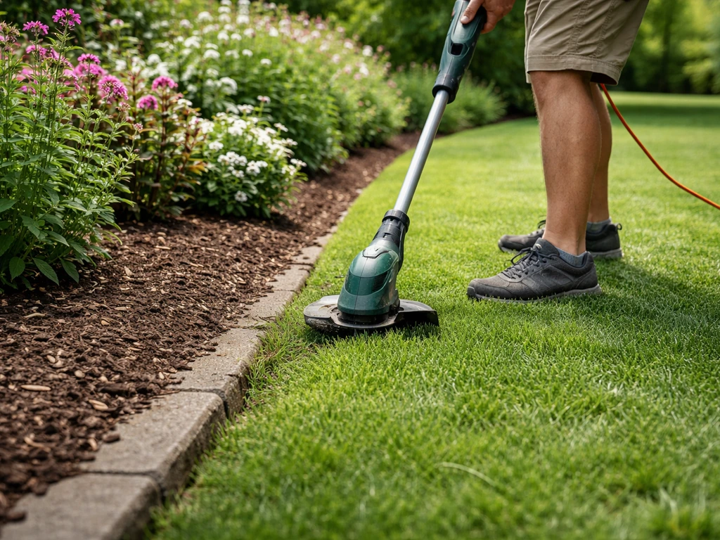 Jardinier taillant une bordure le long d’une allée, coupe nette avec coupe-bordures