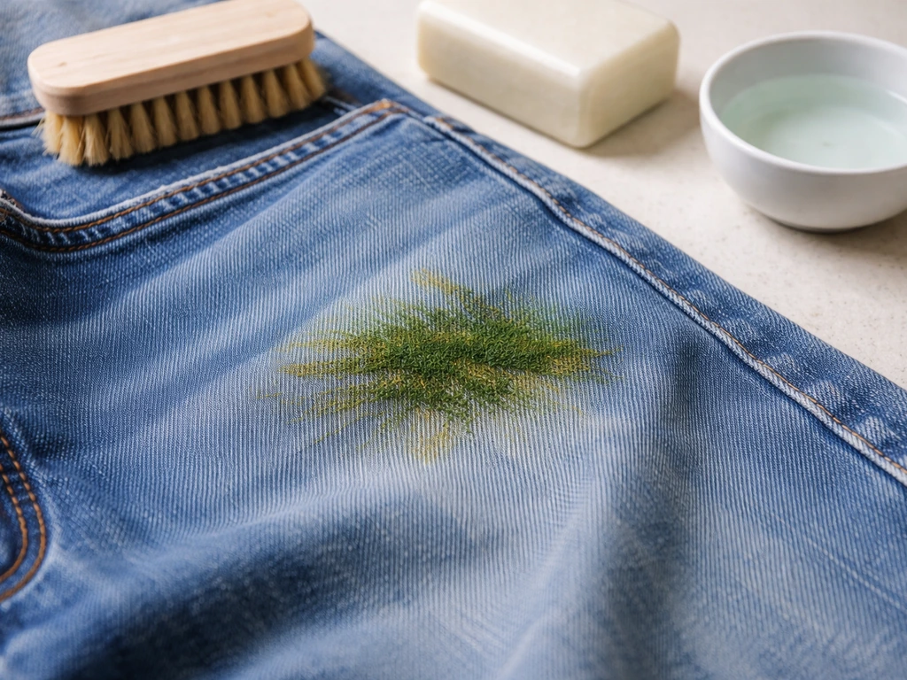 Gros plan d’une tache d’herbe verte sur un jean, avec brosse et savon/lessive autour avant traitement.