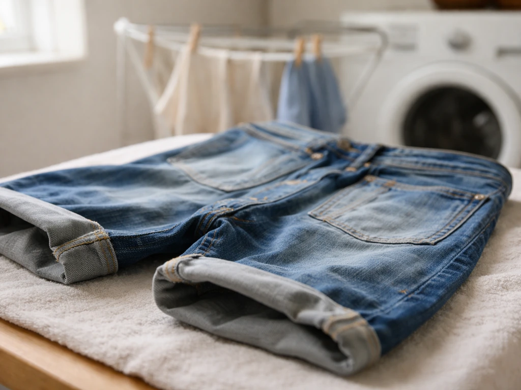 Un jean retourné à l’envers, posé sur une serviette, prêt pour la machine et le séchage à l’air libre.