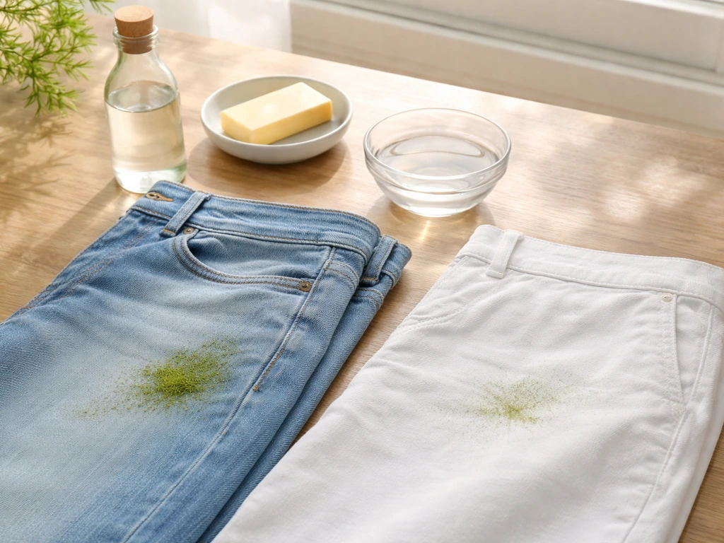 Jean bleu et pantalon blanc sur table, tache d’herbe résiduelle, vinaigre blanc et savon de Marseille pour détacher.