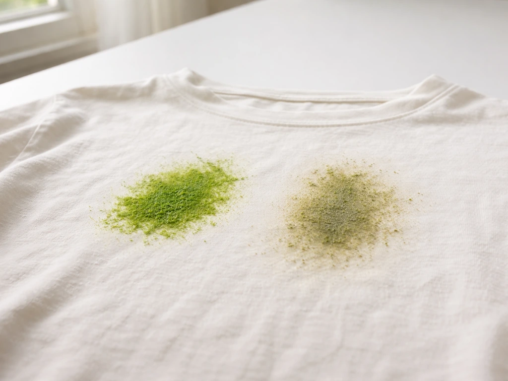 Comparaison photo d’une tache d’herbe verte récente et d’une tache sombre incrustée sur un tissu