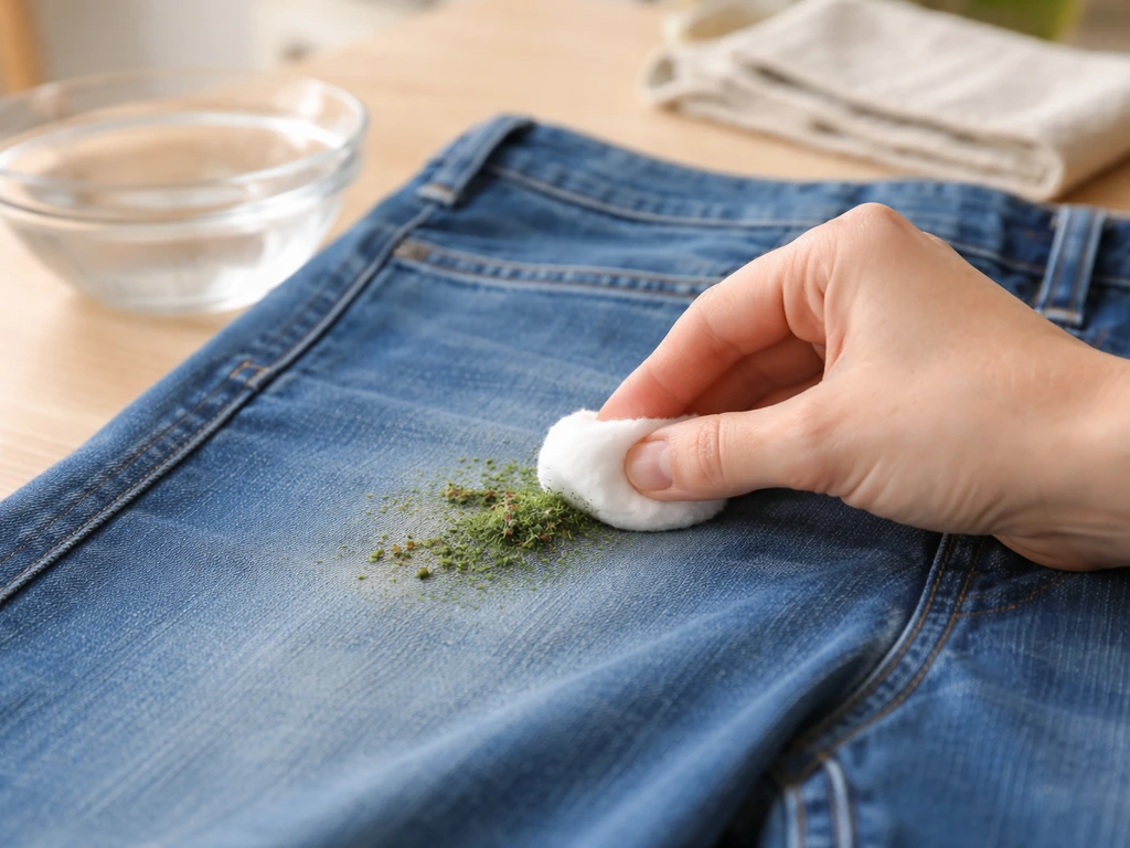 Prétraitement d’une tache d’herbe sur jean : vinaigre blanc dilué appliqué au coton, avant lavage