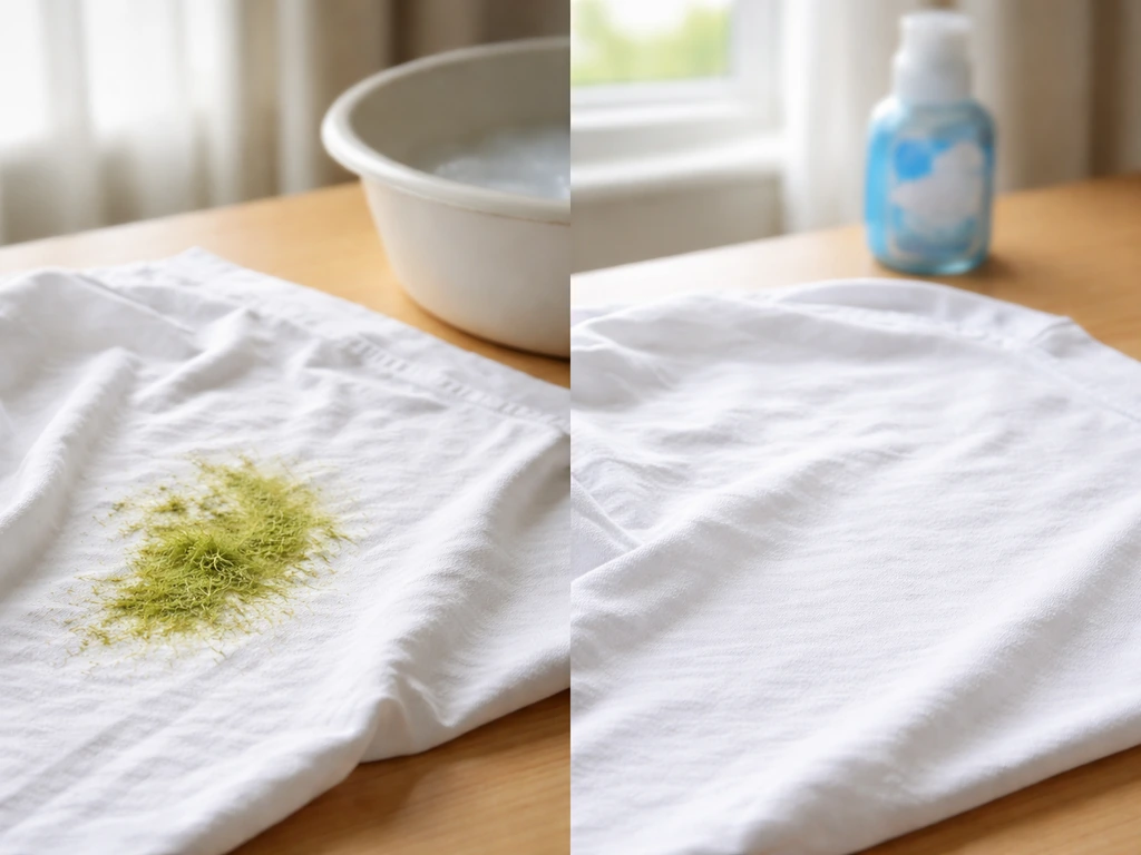 Tache d’herbe sur un tissu avant puis après lavage, dans une scène simple et minimaliste.