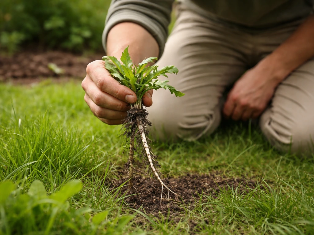 Main arrachage d’une mauvaise herbe dans une pelouse, racine visible, jardin au naturel.