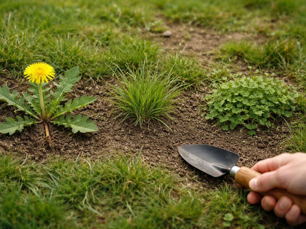 Gros plan sur pissenlit isolé, graminées et touffe de mauvaises herbes sur des zones distinctes, avec mains au sol.