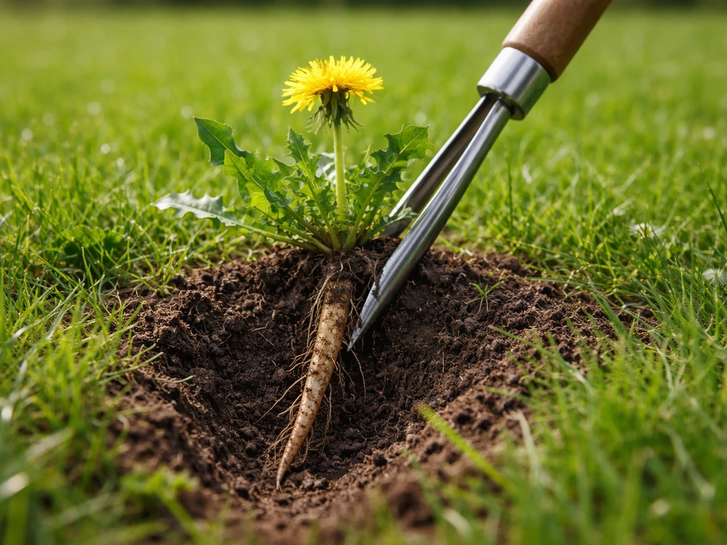 Gouge à pissenlit désherbant en V plantée dans la pelouse pour extraire une racine pivotante.