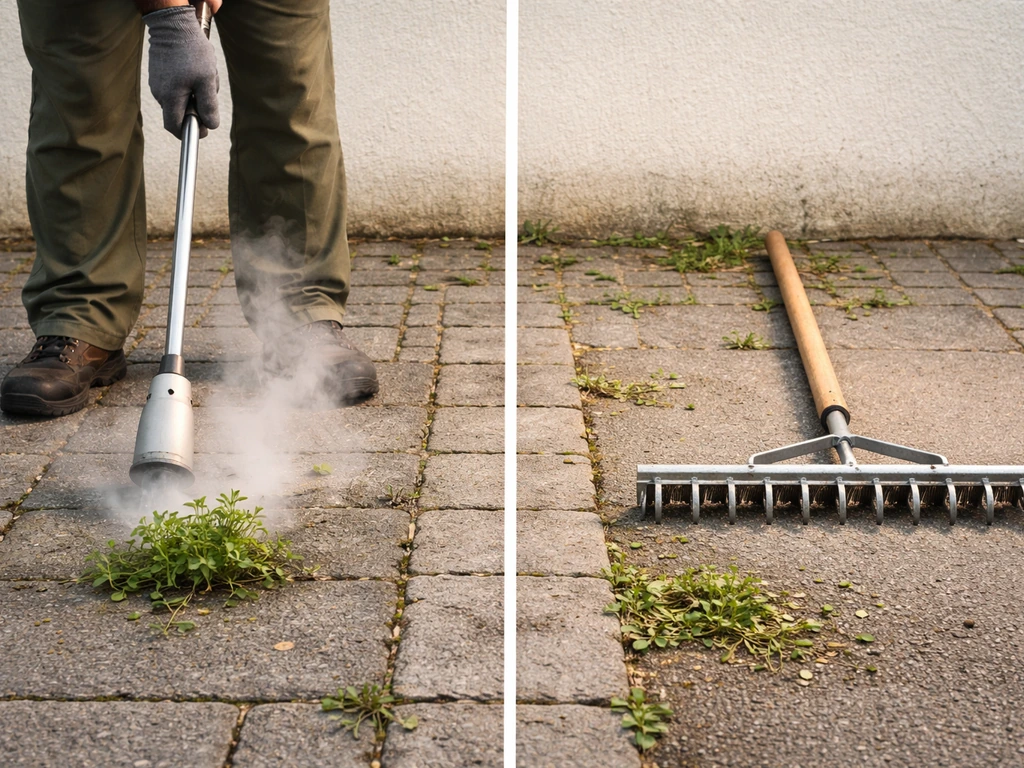 Deux outils côte à côte : désherbeur thermique avec vapeur à gauche et scarificateur mécanique à droite sur le sol.