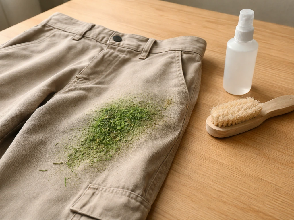 Vêtement de jardin avec tache verte d’herbe, brossé et prétraité avant lavage.