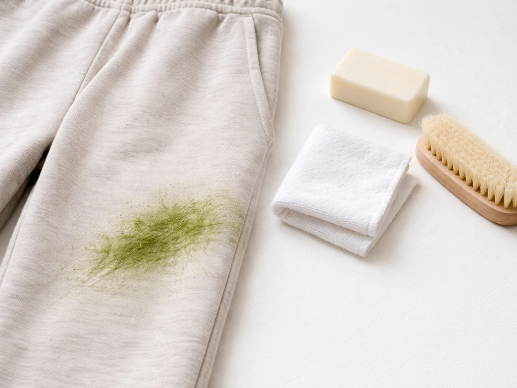 Vêtement clair taché d’herbe verte, avec chiffon blanc, savon et brosse douce prêts pour détacher.