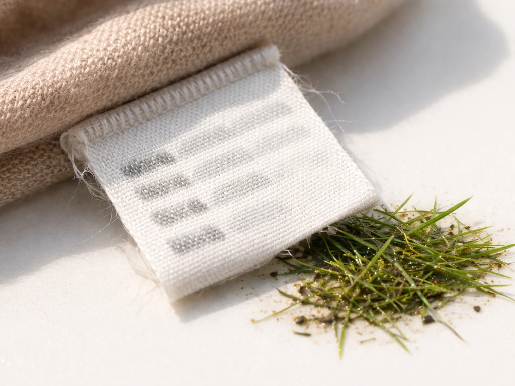 Gros plan d’une étiquette de vêtement avec une petite tache d’herbe fraîche sur une table bien éclairée.